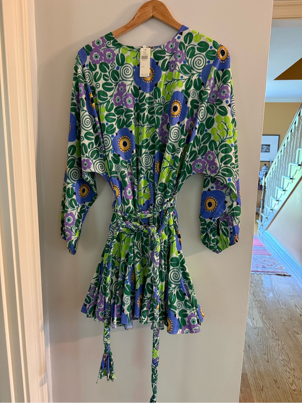RHODE Green, Blue & Purple Floral Mini Dress with Tie Waist NWT